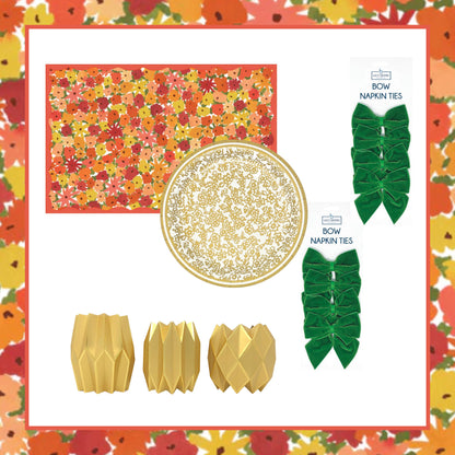 Fall themed tablescape featuring our Fall Florals disposable paper placemats, gold heavy-duty paper plates, green bow napkin rings, and gold paper vase wraps