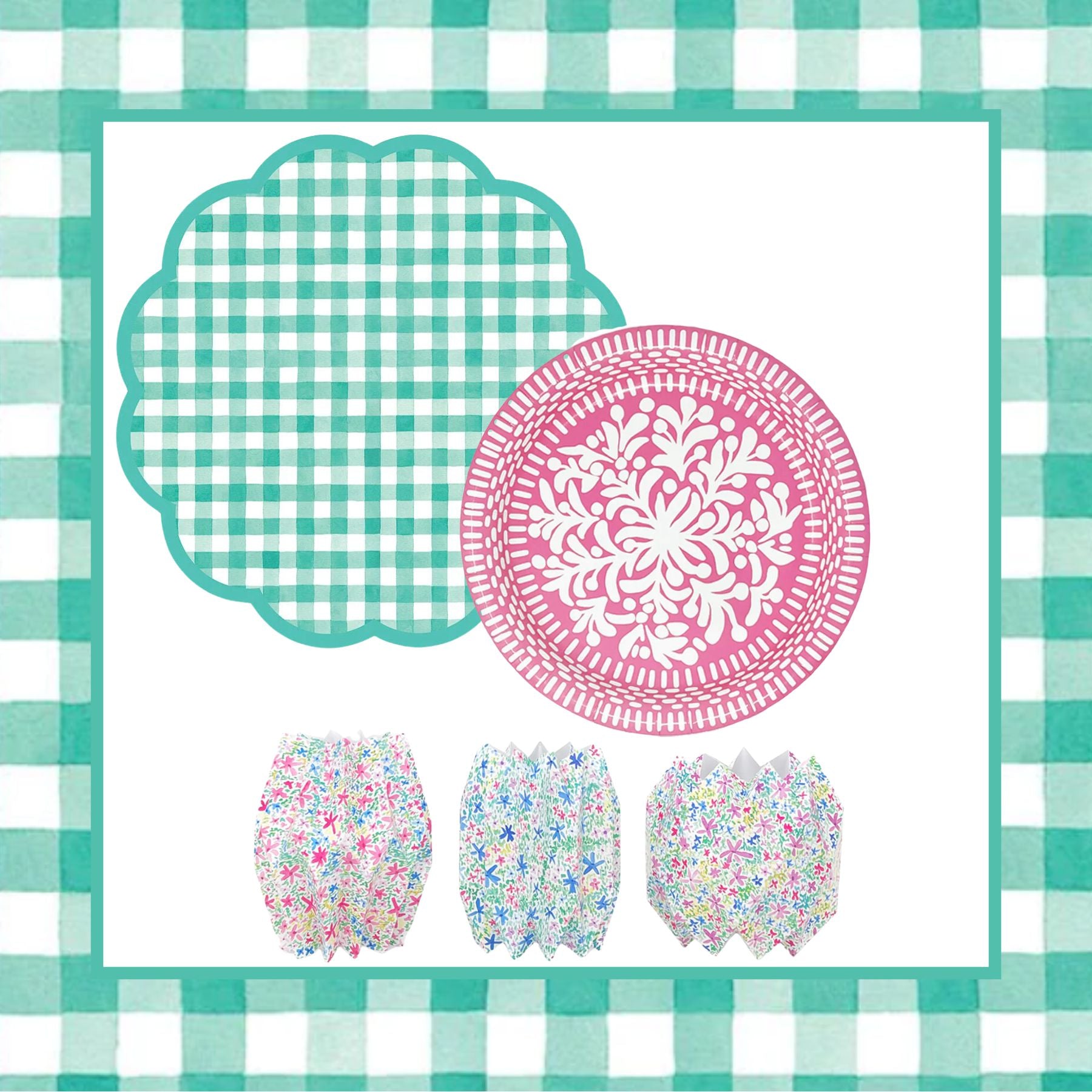 Gingham Scalloped Placemats + Pink Paper Plates + Whimsy Vase Wraps by ...