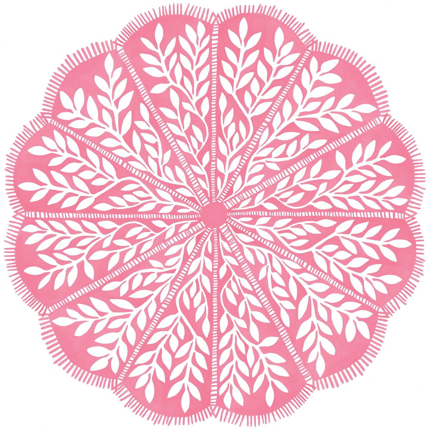 Round scalloped paper placemats featuring a pink and white vine pattern