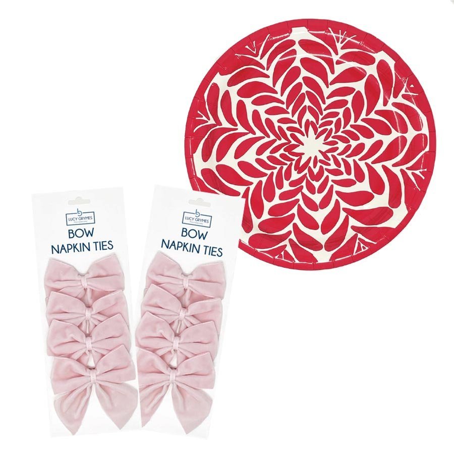 Red heavy duty paper plate and light pink bow napkin ties