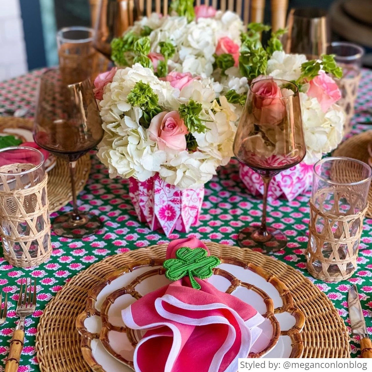 Pink and Red Bouquet in Chinoiserie Vase buy Personalized Napkins and Guest Towels | Chinoiserie Themed Entertaining | Valentine's Day Party