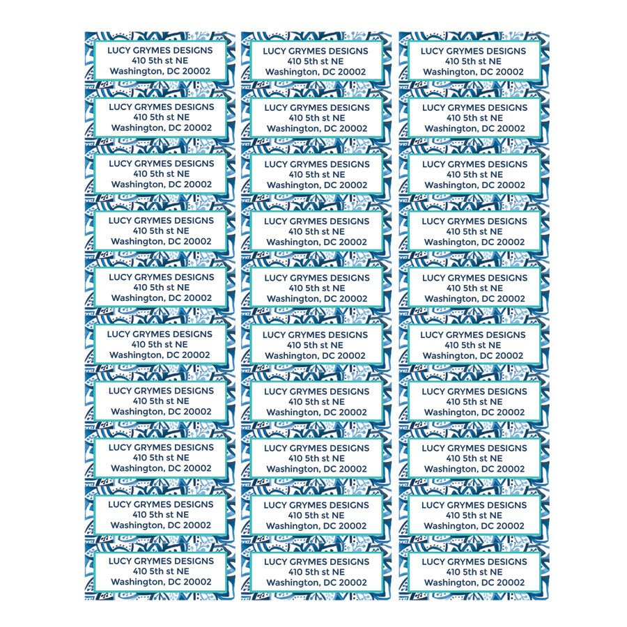 Blue and white leaf patterned labels used as address label