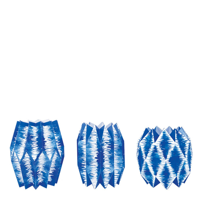 Blue ikat patterned paper sleeve vases